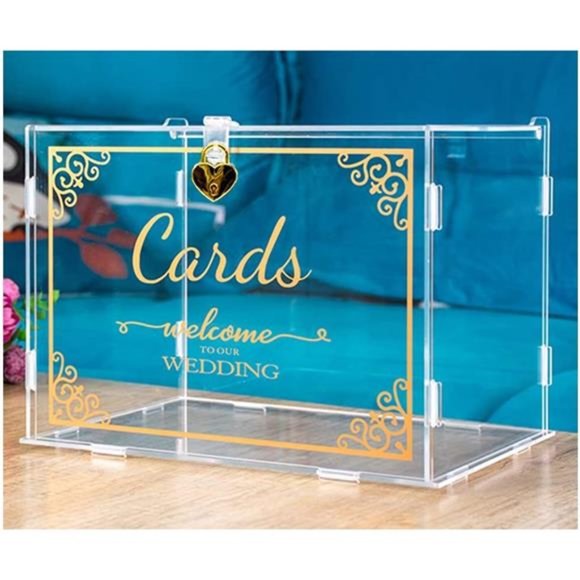 Wedding Card Box With Lock（Acrylic 11×8×8 in），Foldable，Gold Pattern - Picture 1 of 7